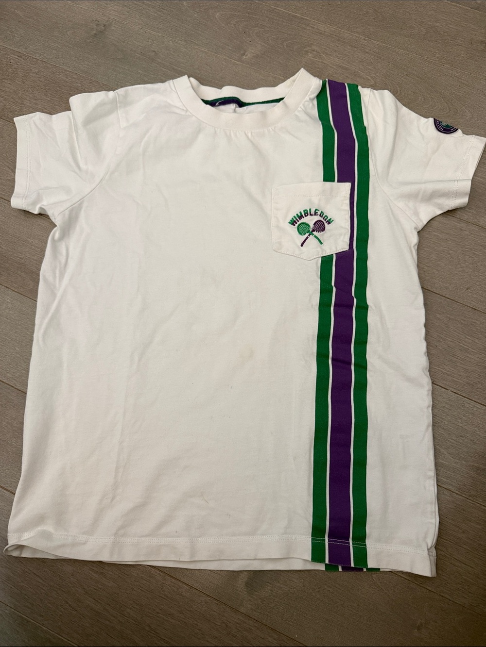 Wimbledon White Tee with Green & Purple Side Stripes